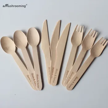 

25 Sets Wedding Disposable Cutlery Set Personalized Engrave Large Wedding Wooden Spoons Forks Knives Flatware 6 1/4 Inch