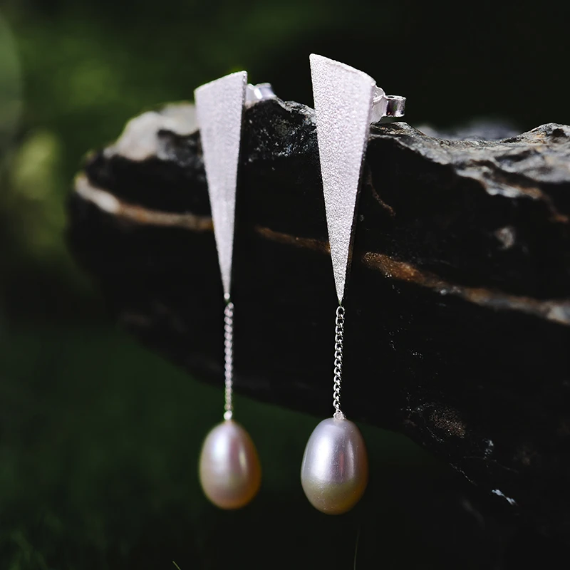 Lotus Fun Real 925 Sterling Silver Natural Pearl Original Handmade Fine Jewelry Triangle Water Drop Dangle Earrings for Women - Image 2