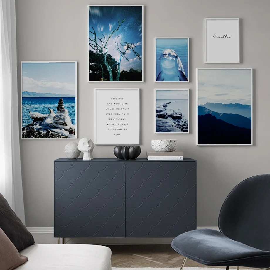 Dolphin Sea Beach Mountain Tree Landscape Wall Art Canvas Painting Nordic Posters And Prints Wall Pictures For Living Room Decor