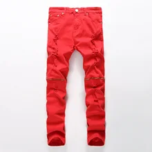 Красные обтягивающие мужские джинсы на молнии, рваные джинсы, модные повседневные облегающие байкерские джинсы в стиле хип-хоп, джинсовые эластичные хлопковые брюки