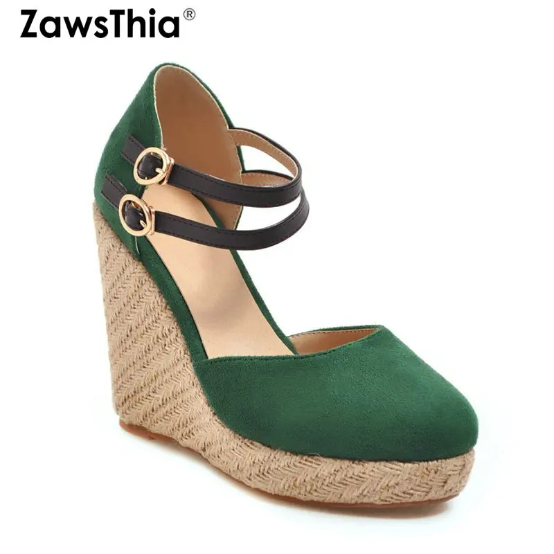 

ZawsThia 2019 Summer Green Purple Cover Toe Platform High Heels Woman Mary Janes Shoes Women Espadrille Wedges Sandals Size 43
