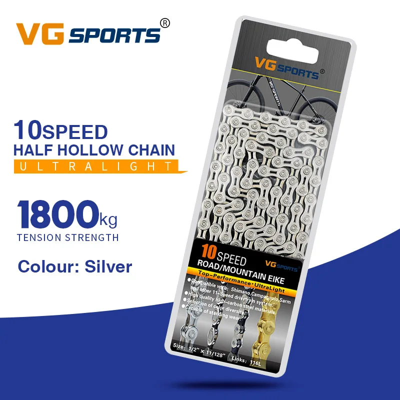 VG Sports Ultralight 8 9 10 11 цепь для скоростного велосипеда велосипедная цепь полуполная полая 116л Серебряная Золотая горная MTB шоссейная велосипедная цепь - Цвет: 10s Half Hollow yin