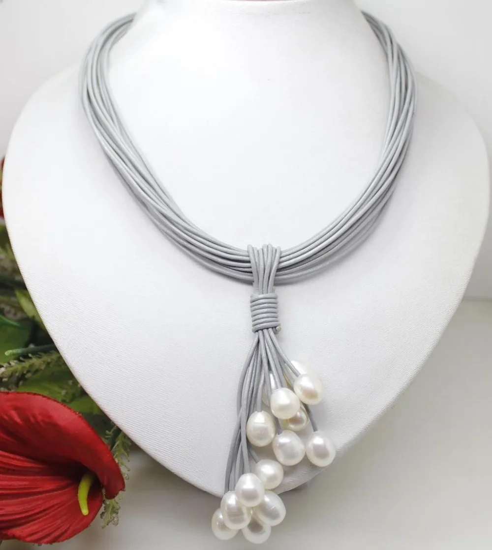 

FREE SHIPPING>>>@@ 01-12mm Real White Freshwater Pearl Pendant Necklace Leather Cord Magnet Clasp Fashion Jewelry