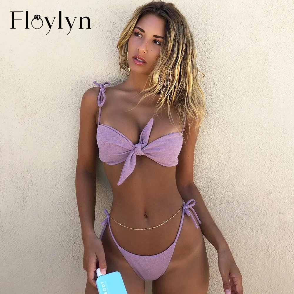 Женский купальник Floylyn фиолетовый бикини с бантиком и пуш апом летняя пляжная