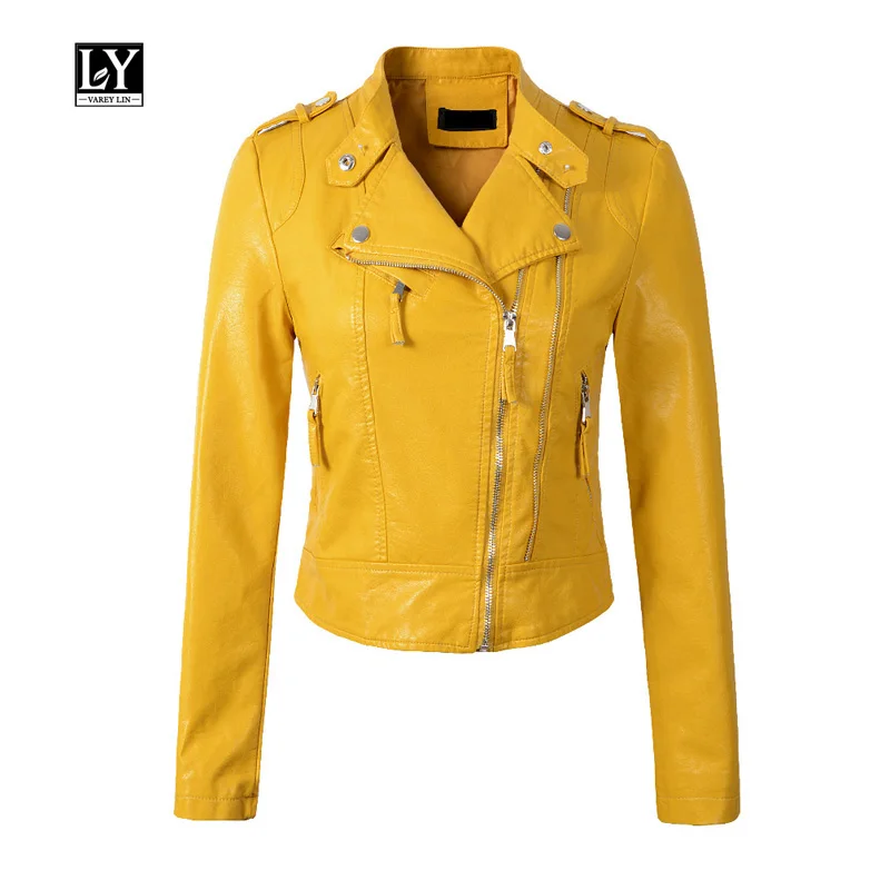 Ly Varey Lin New Women Pu Leather Jacket Short Design Epaulet Zippers