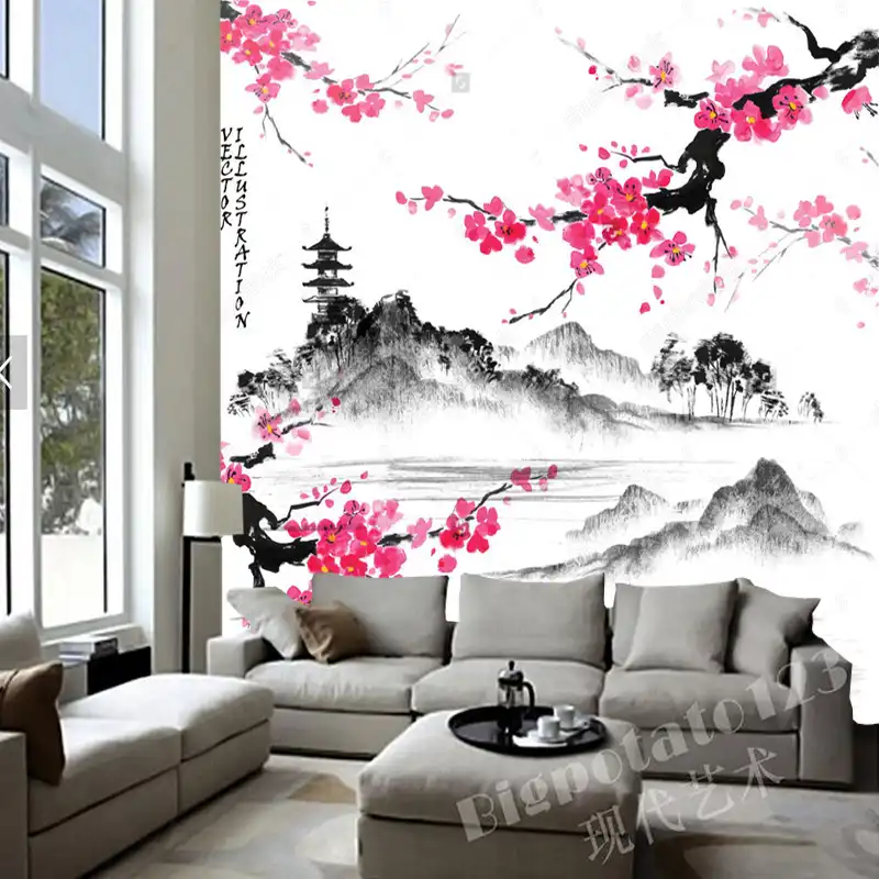 Japanese Landscape Wallpaper Landscape With Sakura Branches Retro Mural For Living Room Bedroom Sofa Background Wall Paper