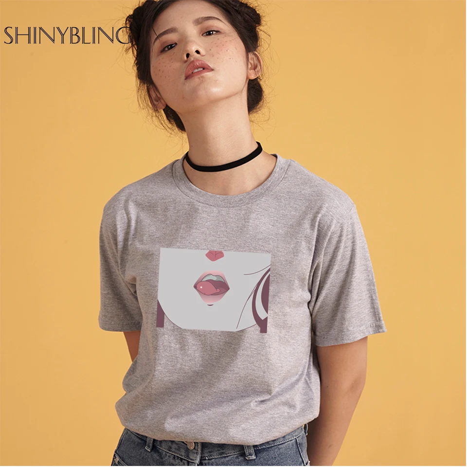 Tee Shirt Femme Lip Sexy TShirt Kawaii Korea Ulzzang Harajuku Print Women White Black Grey T-Shirt Casual Loose Short Sleeve Top Tops
