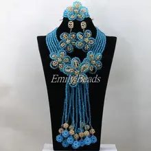 В нигерийском стиле традиционный свадебный костюм в африканском стиле Бусины комплект ювелирных изделий небесно-голубой/золото кристалл Бусины комплект ювелирных изделий aij866