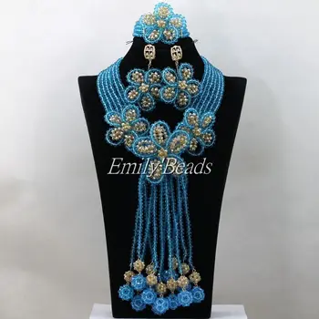 

Nigerian Traditional Wedding Costume African Beads Jewelry Set Sky Blue/Gold Crystal Beads Jewelry Set Free Shipping AIJ866