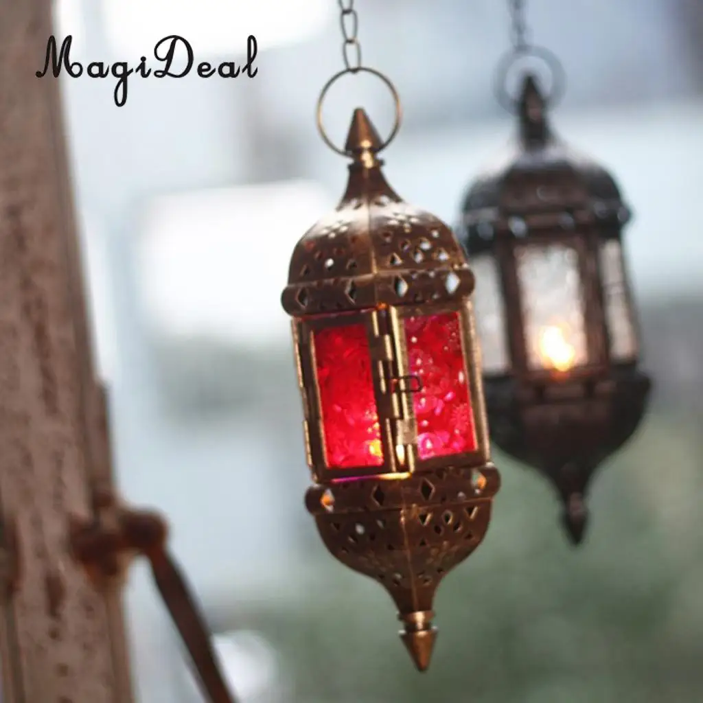 2pcs Glass Hanging Moroccan Candle Lanterns Wind Light Candle Lamp Candleholder with 66cm Iron Chain