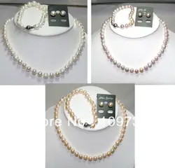 Ювелирные изделия 00199 Пресноводные 7-8 мм Жемчужное Ожерелье Браслет Серьги Стержня Набор Белый Фиолетовый или Розовый можете выбрать (A0423)