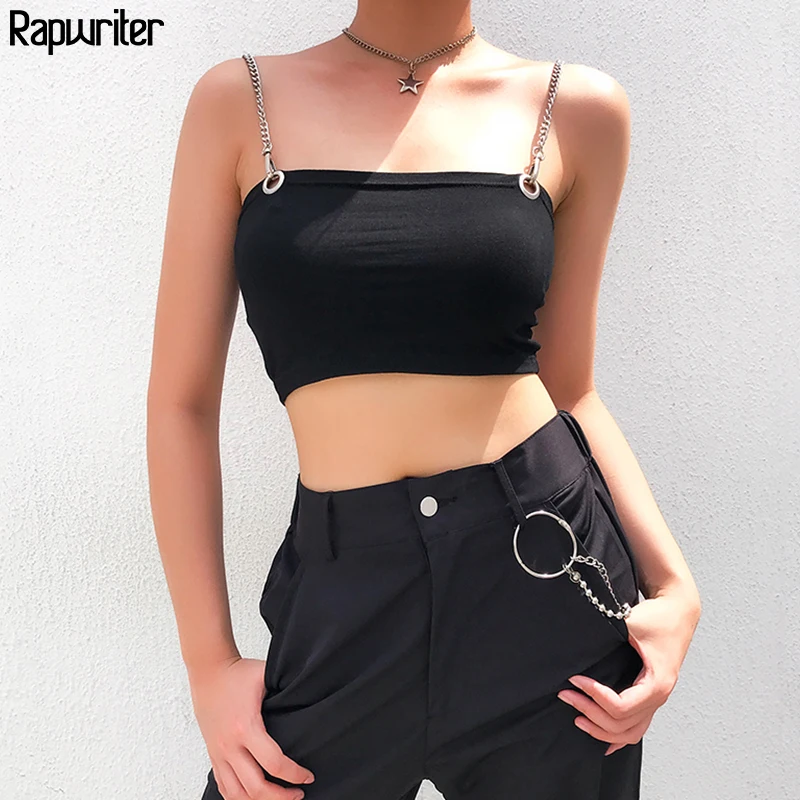 

Rapwriter Casual Cotton Chain Spaghetti Strap Black Camis Women 2019 Summer Streetwear Backless Crop Tops Tees Cami Top Lady