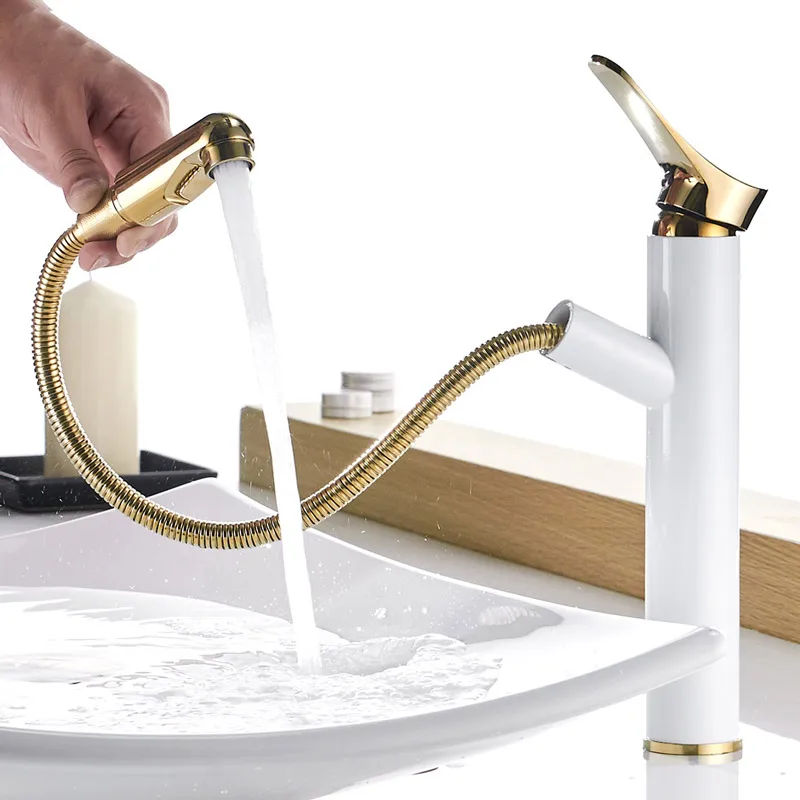 

Copper pull out faucets type cold and hot water tap white wash golden basin faucet can wash expansion brass single hole