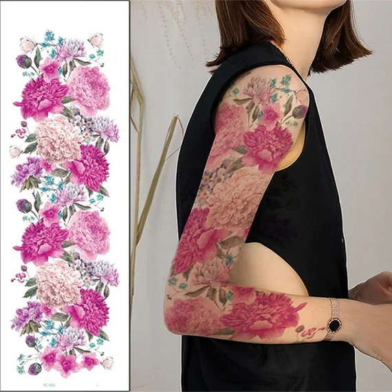 Большая рука временная татуировка наклейка красочные пионы Розы Цветы Поддельные рукава для татуировки флеш-тату водонепроницаемый тело/ноги художественная краска для женщин - Цвет: AC82