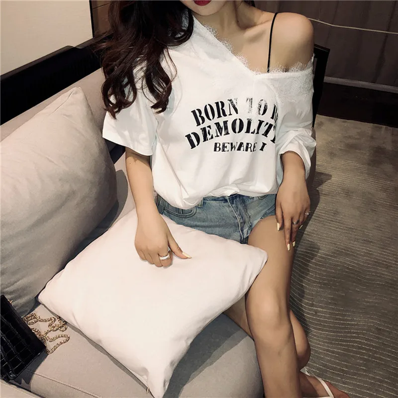 

2 colors 2019 summer korean style lace patchwork loose short sleeve v neck t-shirts womens tops cropped tee shirt femme (t6598)
