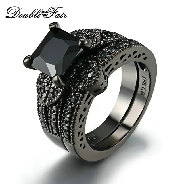 Sweet Heart Square Cut Black Nano Rings Sets Cubic Zirconia Black Gold Color Par Sweet Heart Square Cut Black Nano Rings Sets Cubic Zirconia Black Gold Color Par