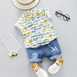 Летний комплект одежды для маленьких мальчиков с рисунком машины, одежда для детей, рубашка с короткими рукавами + джинсы для мальчиков
