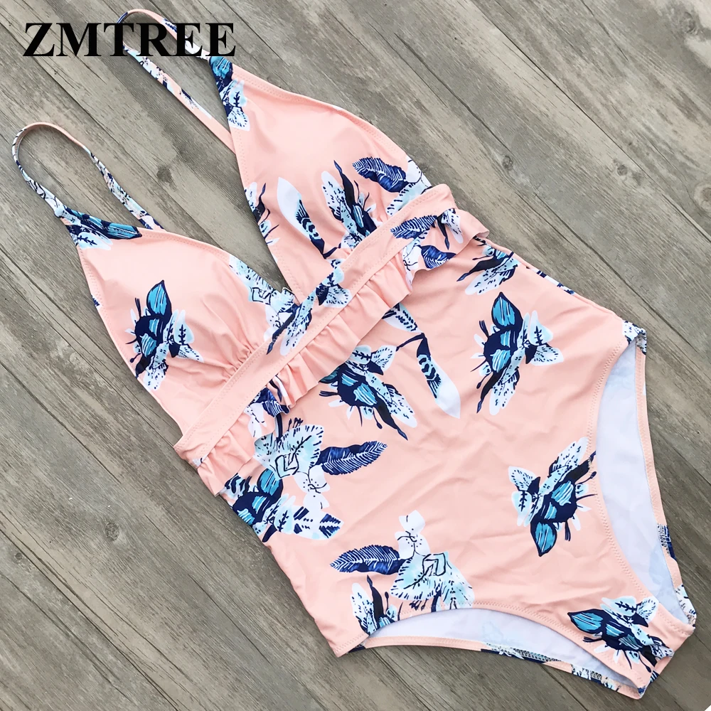 

ZMTREE Hollow Out One Piece Women Swimsuit Deep V Bikini Bathing Suit Swimwear Ruffled Beach Wear Maillot De Bain 2018 One-Piece