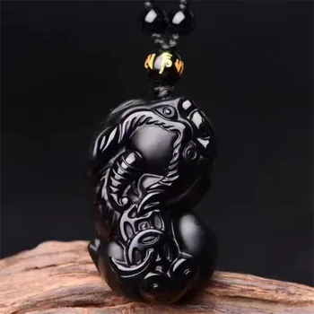 

Black Obsidian Stone Pendant Carved Fortune Animal Pixiu Pendant Necklace