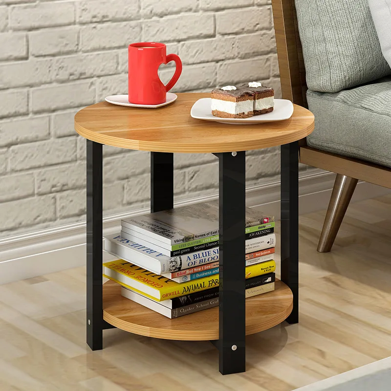 High Quality Round Coffee Table 2 Layers Side Desk Assembly Living Room MDF+Steel Storage Table M L Size