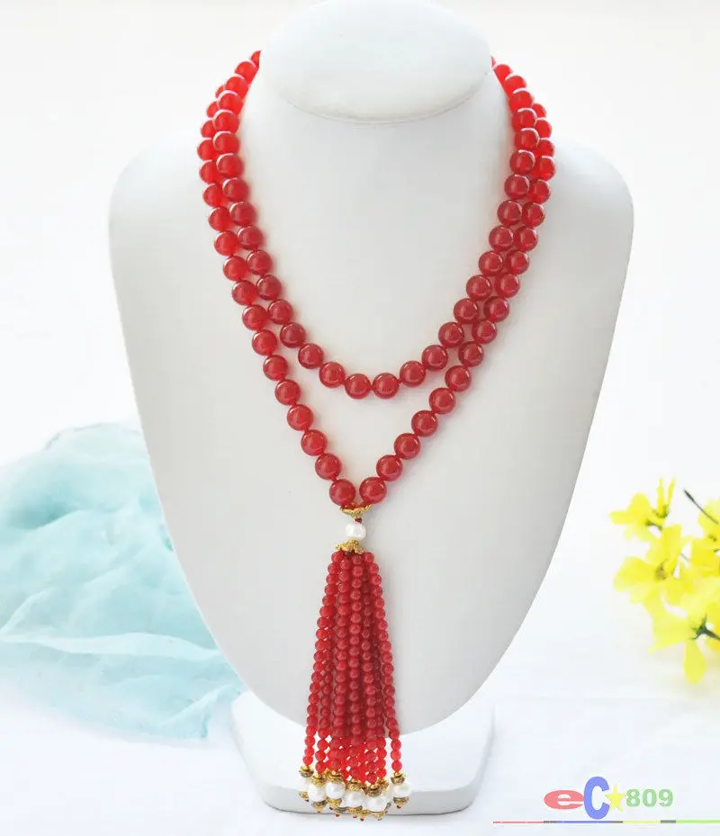 

wholesale 40" 8mm red jade bead white round pearl necklace