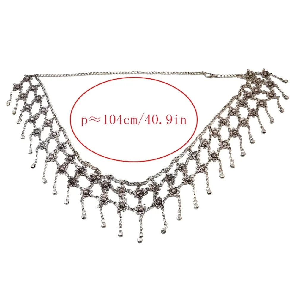 Turkish Antique Silver Metal Flower Tassel Wide Belt Waist Chain Belly Dance Body Chains Women Femm