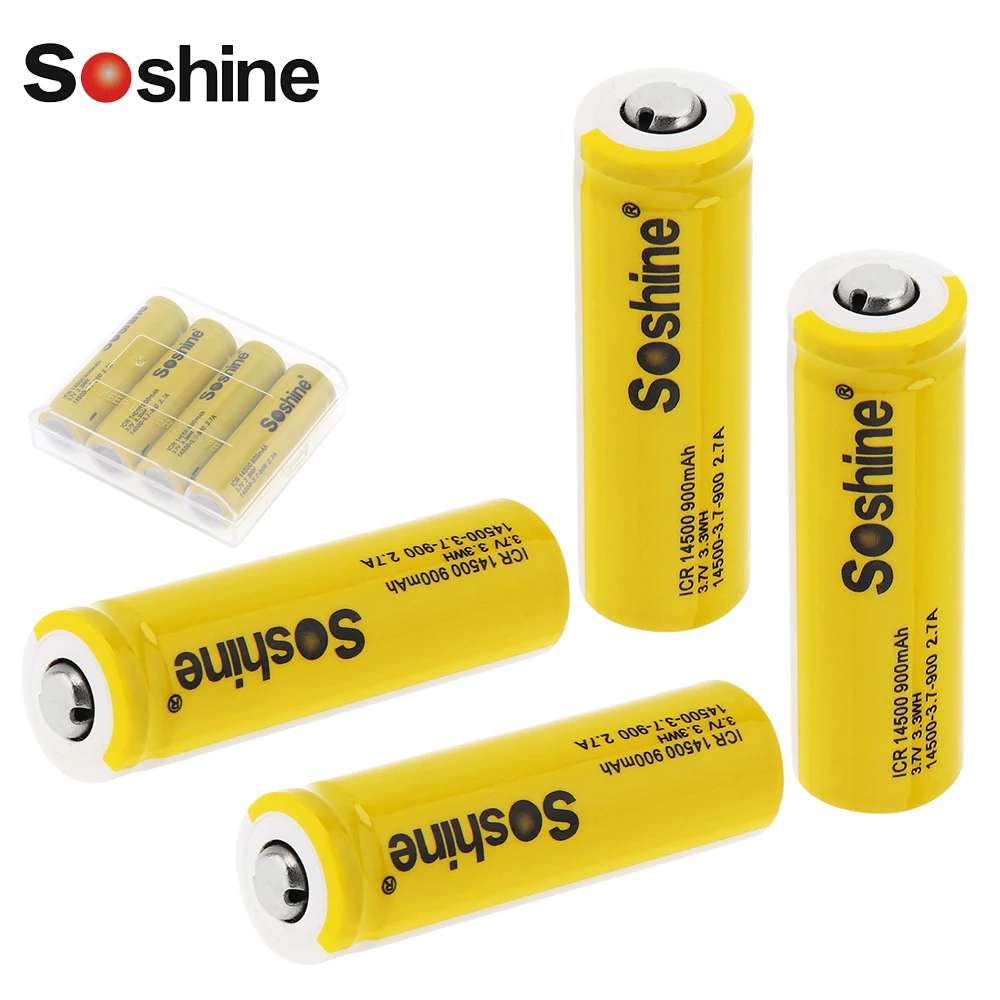 4pcs Soshine 3.7V 900mAh ICR 14500 Li-ion Rechargeable Battery with Safety Relief Valve + Battery Storage Box Case Holder
