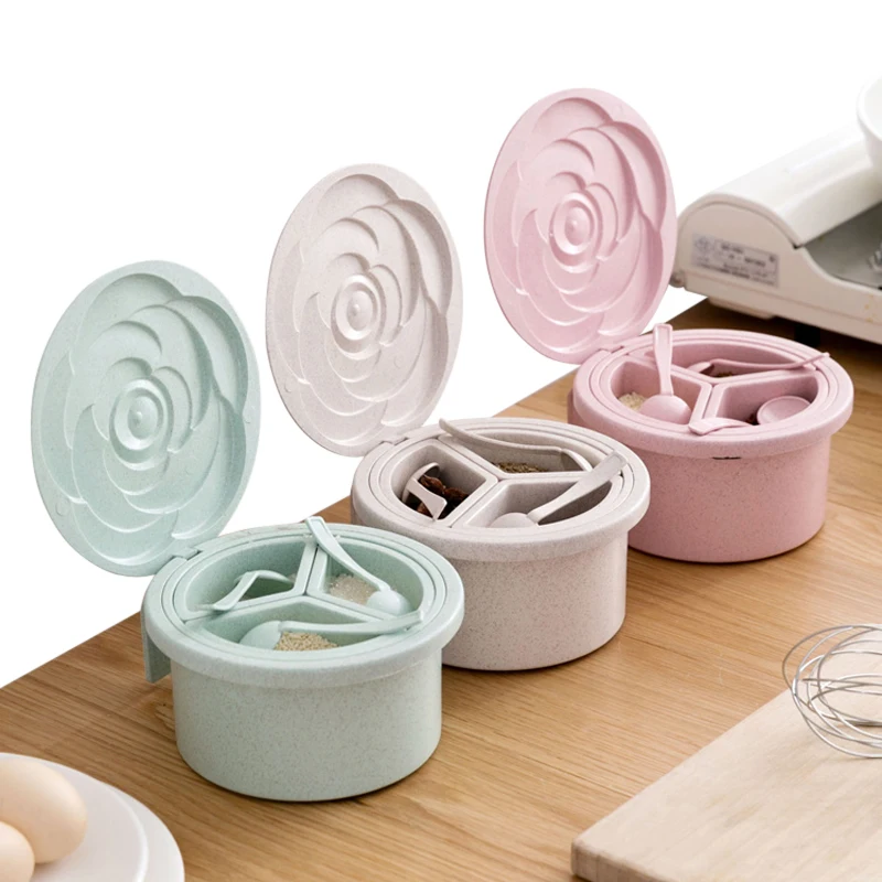 

XZJJA Creative Rose Shape Three Grid Spice Jar Seasoning Box Kitchen Spice Storage Box Salt Pepper Cumin Powder Container