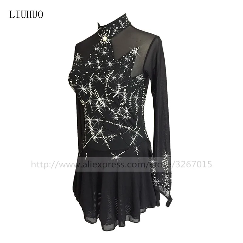 Figure Skating Dress Women's Girls' Ice Skating Dress Pure black long sleeved collar Elastic mesh fabric absorbent breathable 