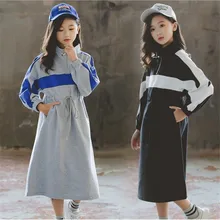 Осенне-зимнее длинное платье для девочек модное Повседневное платье в стиле пэчворк хлопковое платье с капюшоном и карманами для девочек удобная одежда для подростков