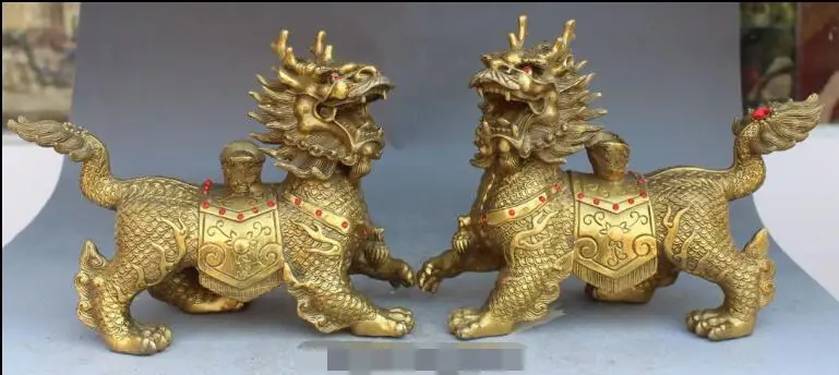 

S01843 12" China Bronze Dragon Phoenix Yuan Bao Kylin Beast Unicorn Chi-lin Statue Pair B0403