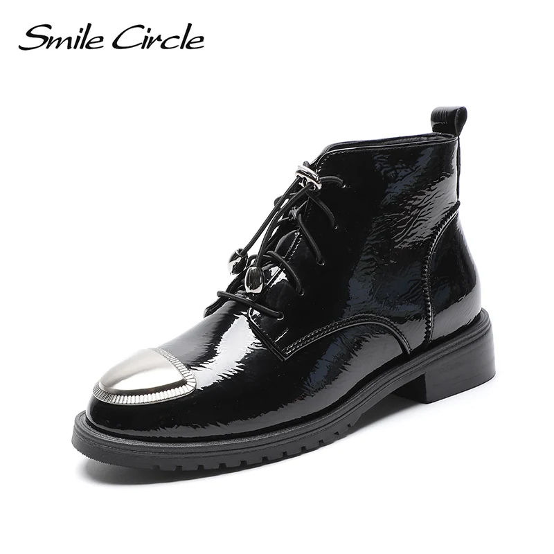 

Smile Circle winter Shoes Women patent leather Boots Warm Fur Lace-up metal Flat short Boots High-quality Autumn Ladies Shoes