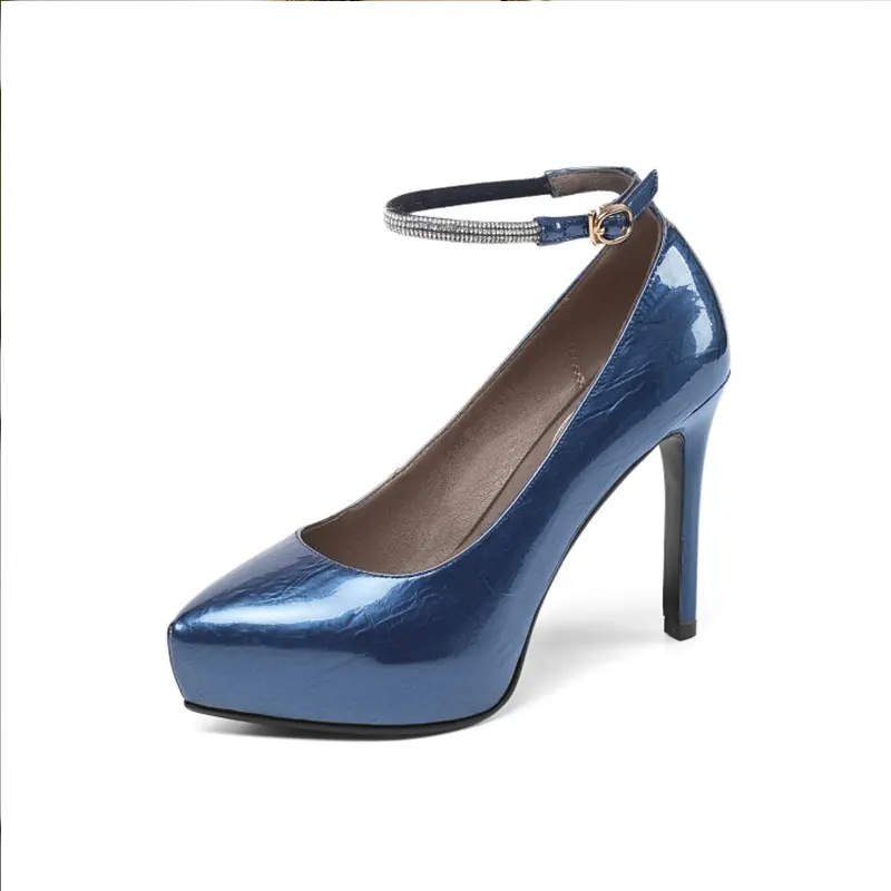 

New Fashion Genuine Cow Leather High Heels Women's Ankle Straps Sexy Platform Party Wedding Night Club Stage Office Pumps