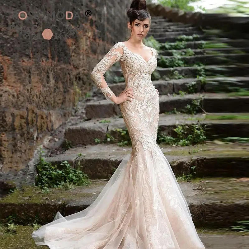 Deep V Neck Long Sleeves Champagne Lace Mermaid Wedding Dress Sheer Low V Back Removable Royal Train