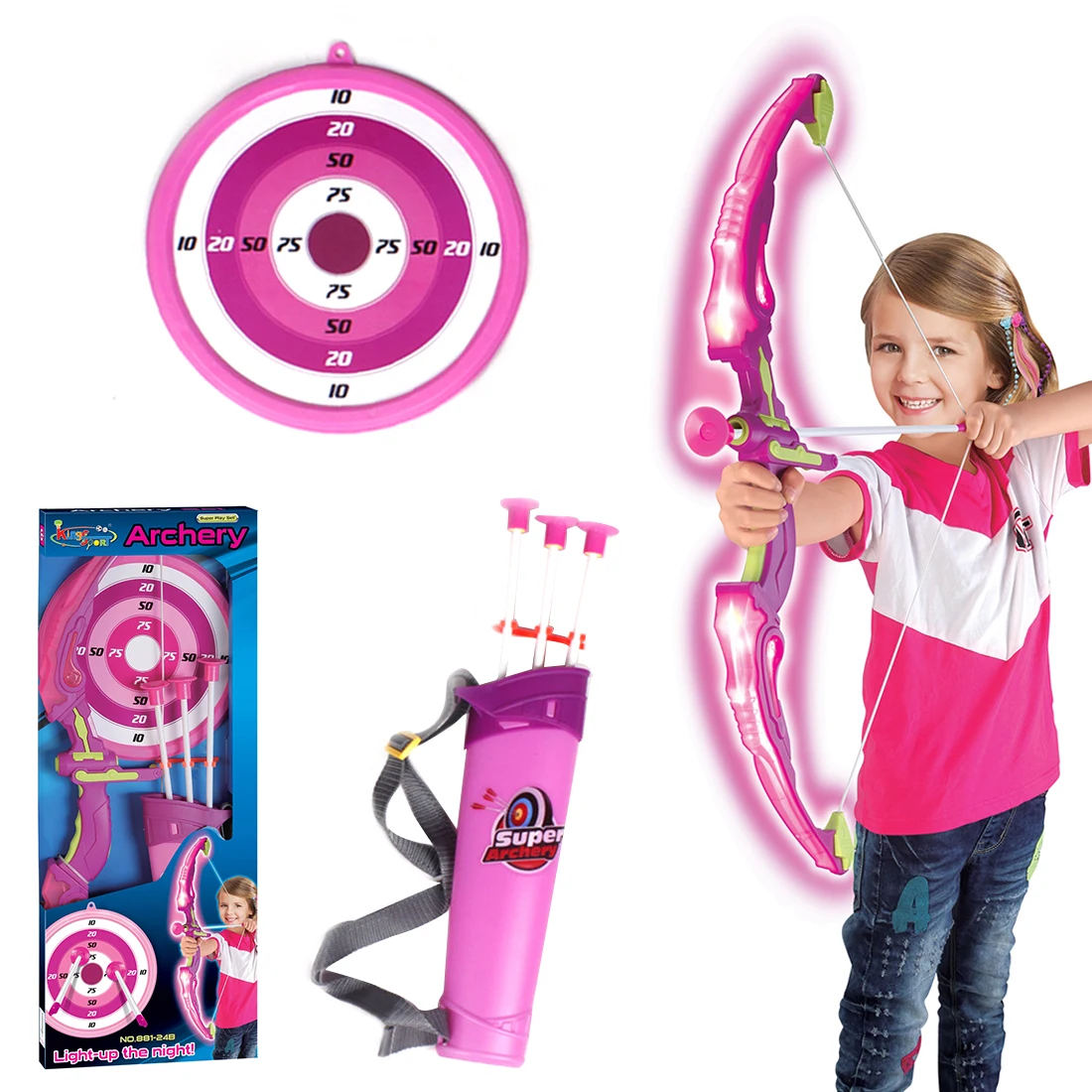 

Kids Toy Bow Arrow Archery Target Aiming Shooting Set Outdoor Garden Fun Game Safe Fun Play with Friend Family Develop Aim Skill