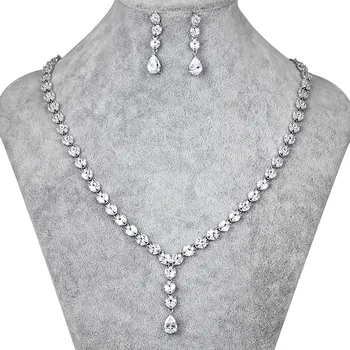 

Sparkling Cubic Zirconia Drop Pendant CZ Crystal Zircon Necklace and Earring Wedding Bridal Jewelry Sets for Women