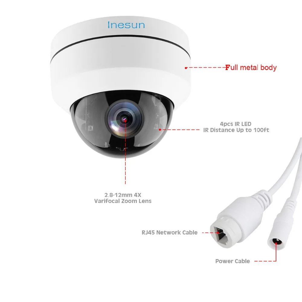 Inesun наружная 5MP PoE PTZ IP камера безопасности 2592x1944P Super HD 4X оптический зум PTZ купольная камера антивандальная с настенным кронштейном