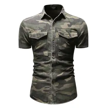

Camouflage Denim Shirt for Men Short sleeve Casual Social Dress Jeans Shirt Male Summer Blouse Men