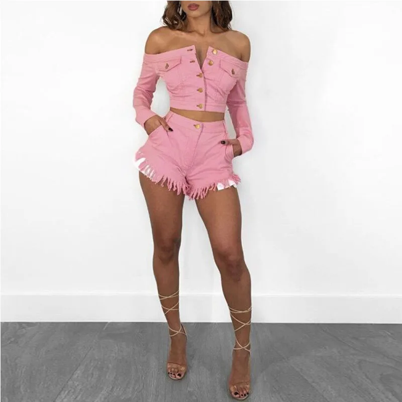 

Autumn Fashion Pink Sexy 2 Piece Outfit Women Slash Neck Full Sleeve Crop Top And Button Up Side Pockets Short Tassel Pant S3448