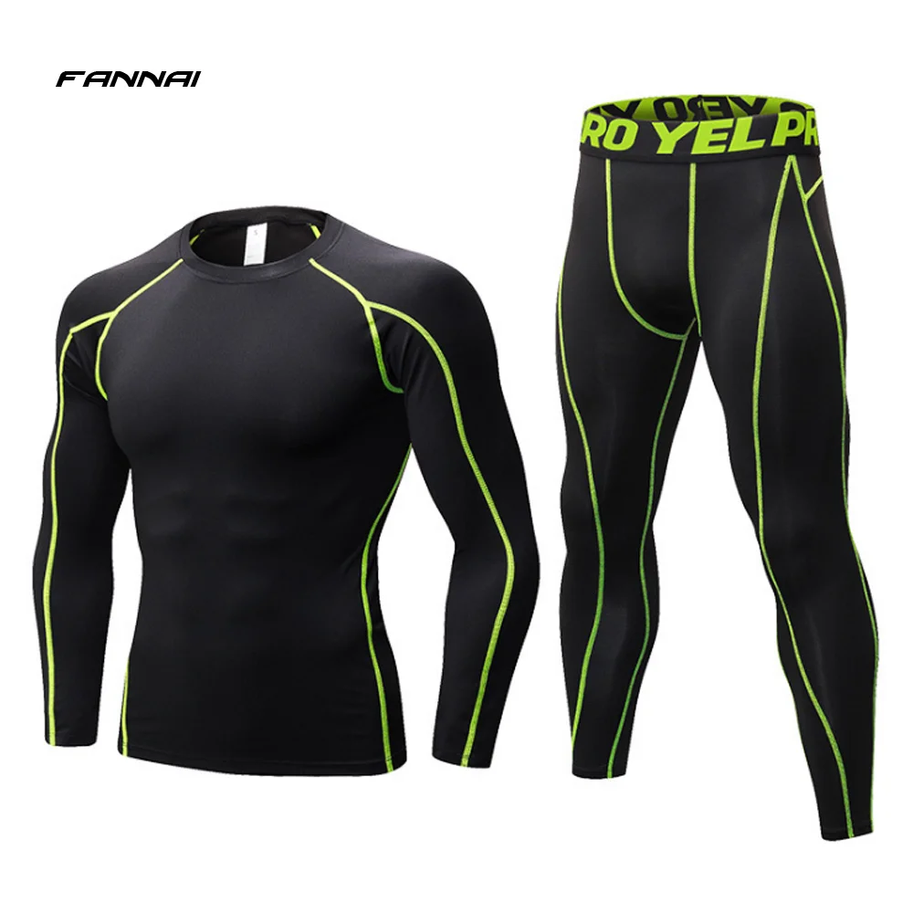 Plus Size Men's Sports Set Compression Sportswear Jogging Running Tracksuit Dry Fit Tights Gym Sets Workout Tracksuits XXL - Цвет: Black green