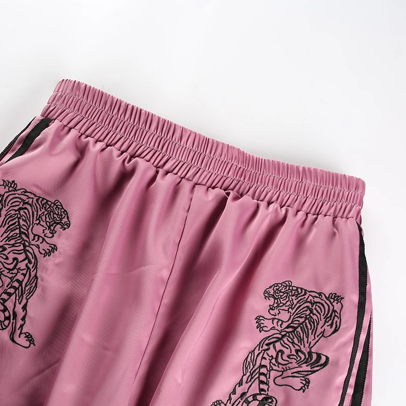 Сатиновые эластичные штаны для женщин, фирменные спортивные штаны с вышивкой тигра, повседневные полосатые узкие брюки, штаны для бега Femme