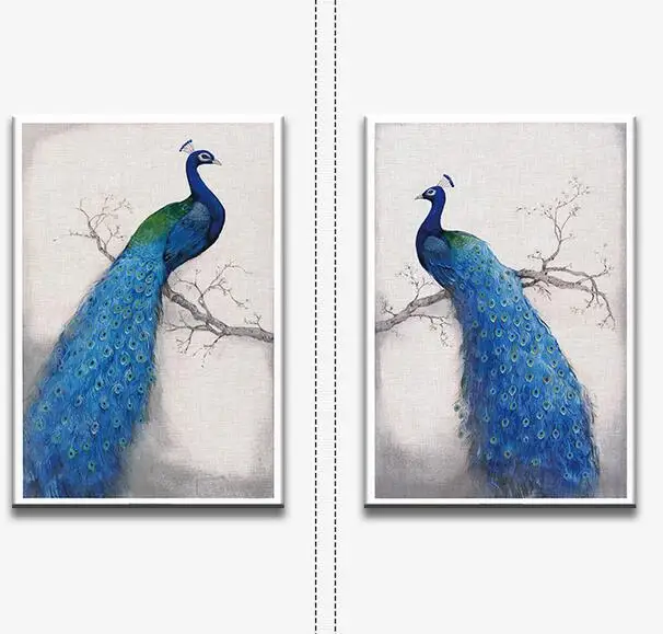 2panels blue peacock Canvas printed painting,Home Decoration wall art