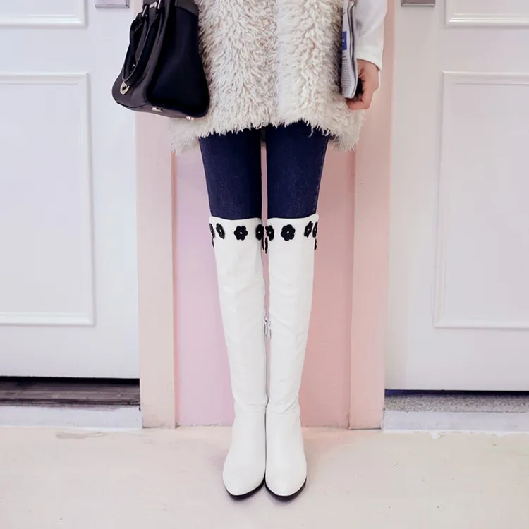 

Over the Knee Boots Women Thick High Heel Boots Fashion Zipper Square Toe Thigh High Boots Warm Winter Shoes White Black 32--46