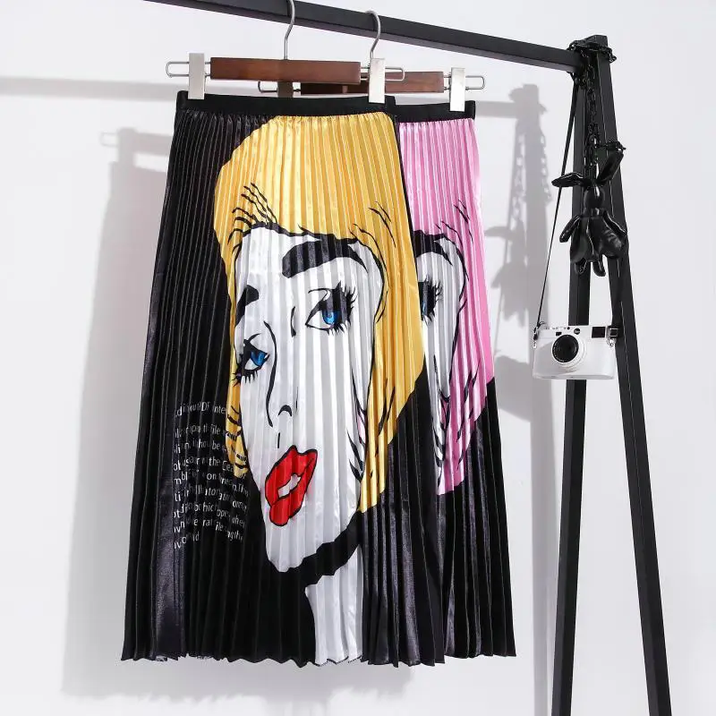 

Cartoon Pattern Stretch Pleated Skirt A-line Elastic Waist African Clothes 2019 New Mid-calf Boho Evening Party Skirts Female
