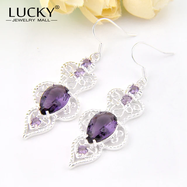 Lucky Mall Women Wedding Party Jewelry Purple Synthetic Lucky Mall Women Wedding Party Jewelry Purple Synthetic Crystal Silver Plated Earrings Charm