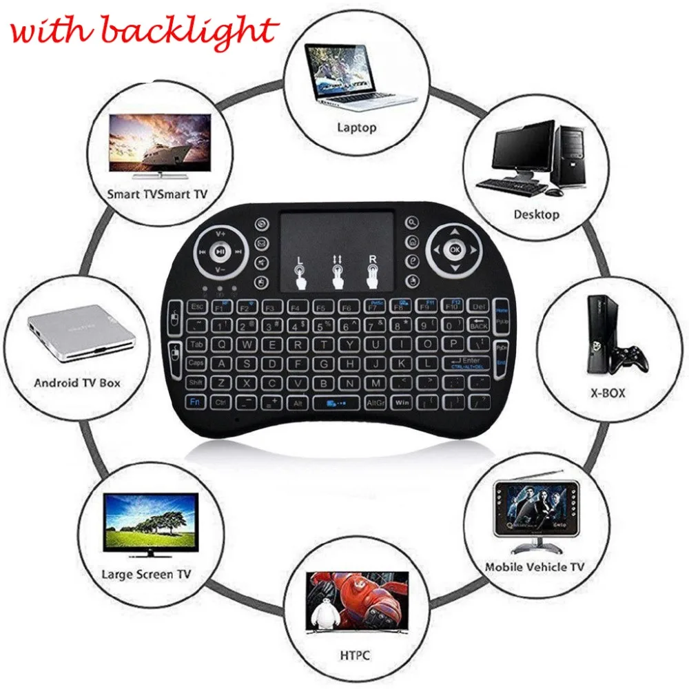 

AKASO English Wireless 2.4GHz i8 Backlight Keyboard Touchpad Fly Air Mouse mini i8 keyboard remote control for Android TV Box