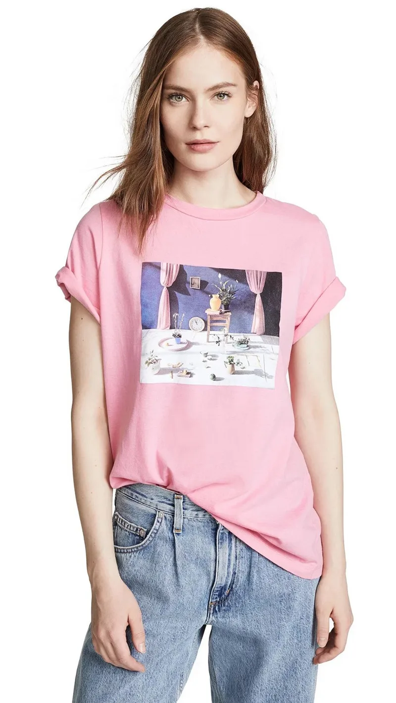 

2019 New Women Summer Short Sleeve T-shirt Art Pictorial Pattern T Shirt Pink White