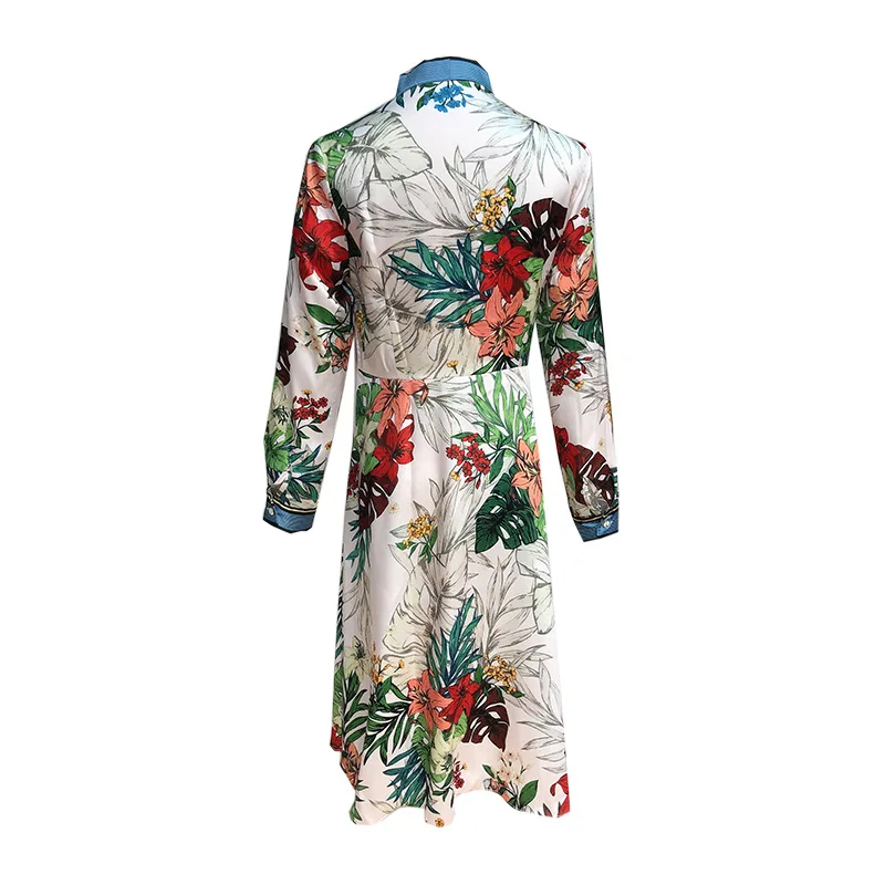 

Fashion women's bowtie long sleeves dress New 2019 spring summer runways floral print embroidered pearls dress A139