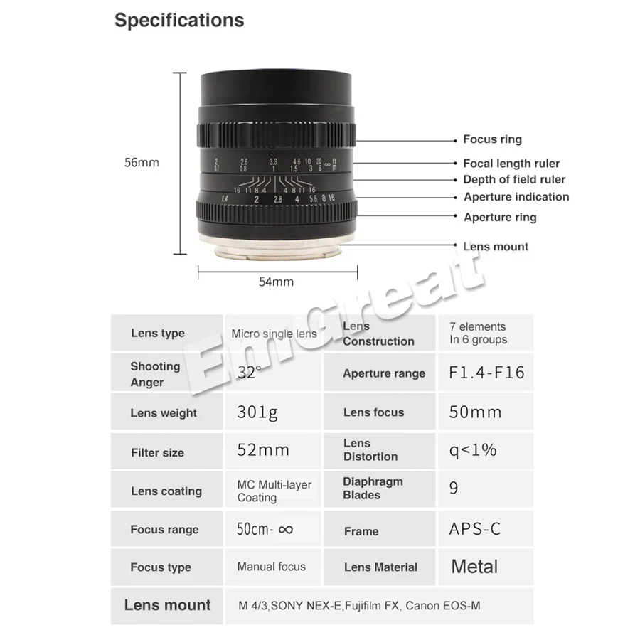 Brightin Star 50mm F1.4 Prime Lens Large Aperture Manual Lens for Sony E-mount for Fuji X-mount M4/3 Mount Mirrorless Cameras