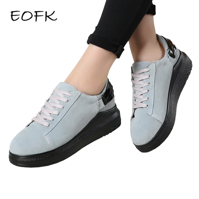 

EOFK New Autumn Women Flat Shoes Woman Causal Sneakers Shoes Breathable Suede Leather Lace Up Flats Solid Womens Shoes